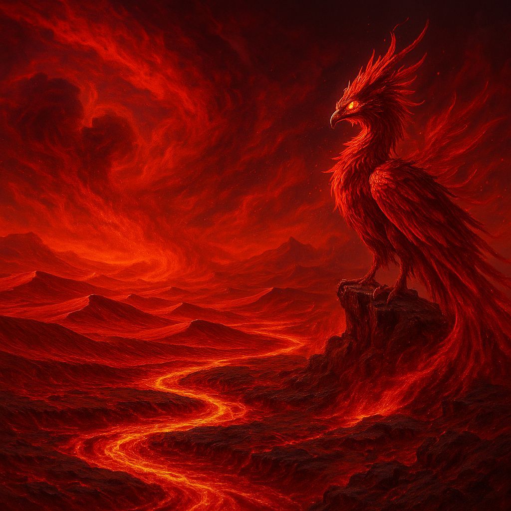 Fiery Red Desert Landscape with Phoenix