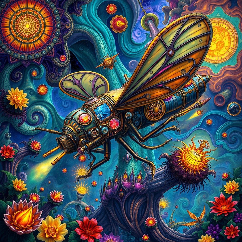 Psychedelic Steampunk Beetle Airship in Dreamscape