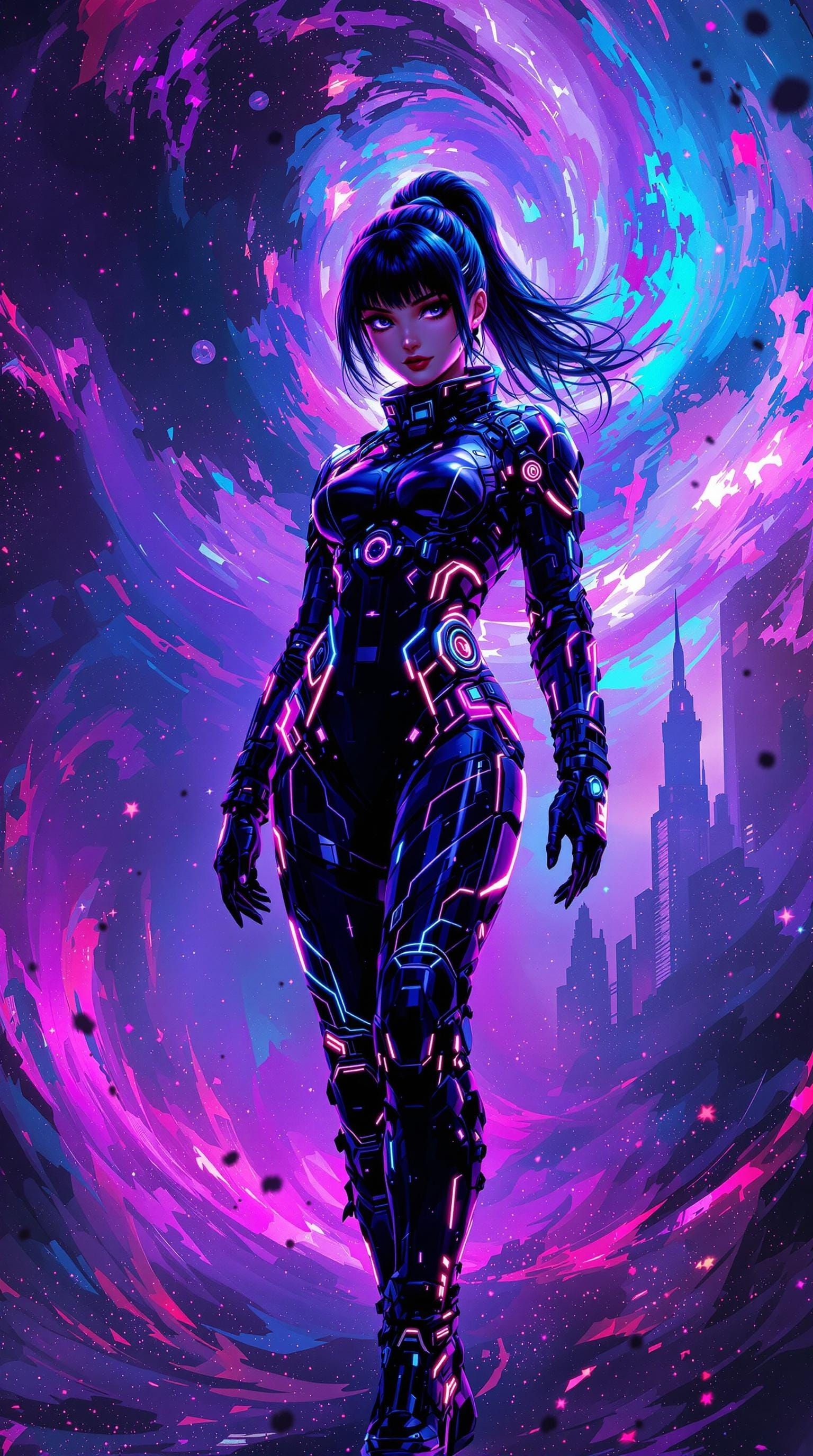 Anime Girl in Cyberpunk Jumpsuit with Abstract Nebula