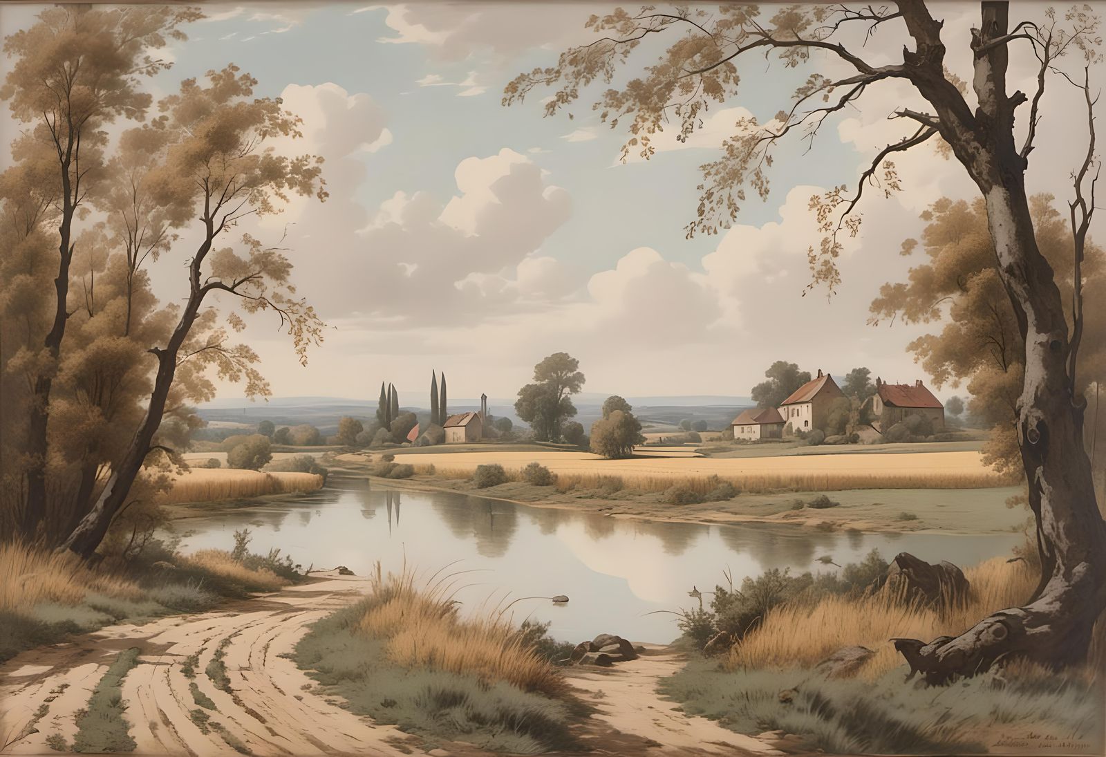 Vintage Wheat Fields Landscape Oil Painting