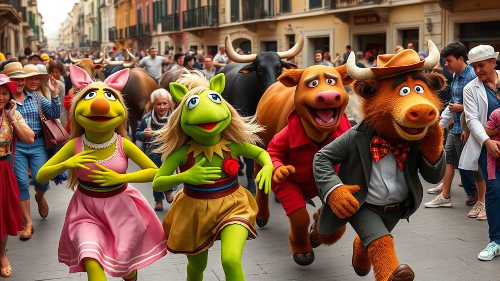 Muppets Run with Bulls in Pamplona, Whimsical Style