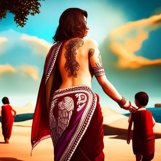 Woman in Red Saree with Eagle Tattoo