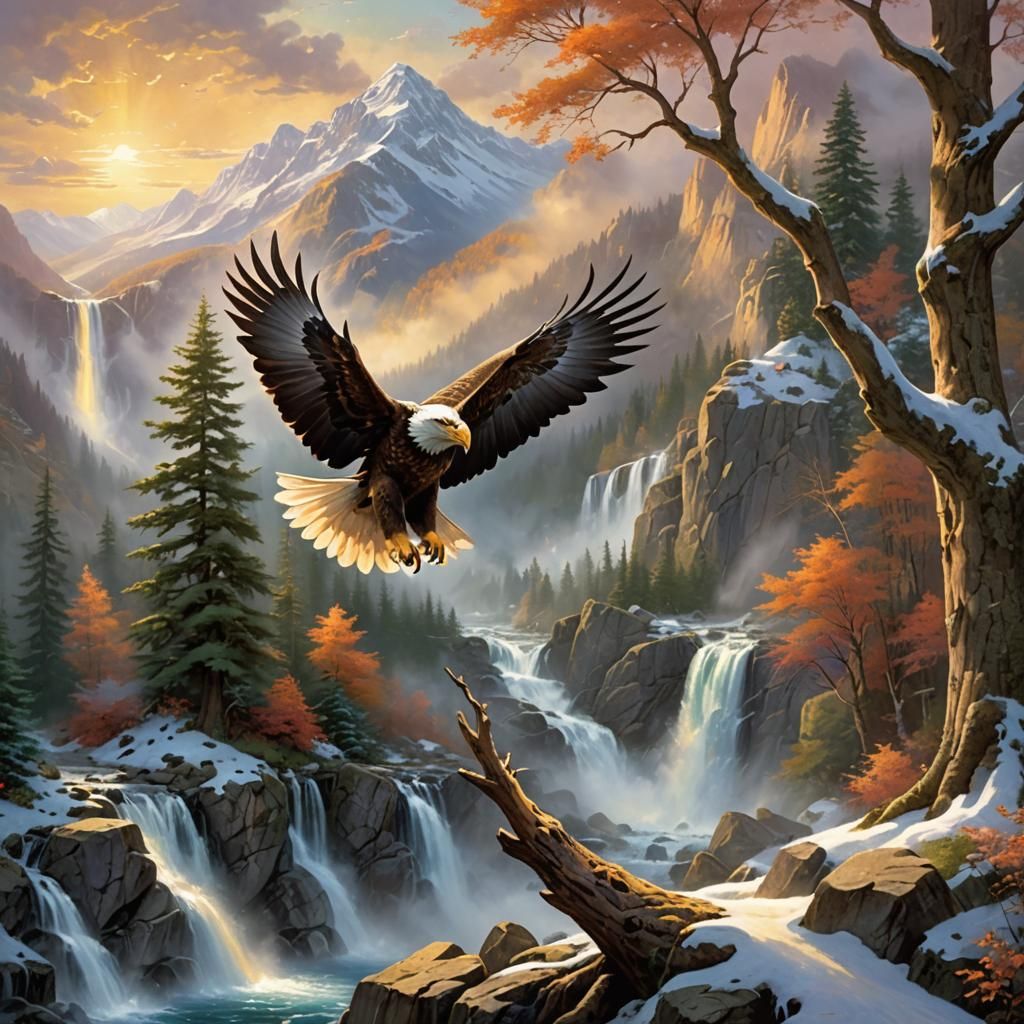 Eagle in Forest at Dawn: Fantasy Art Landscape