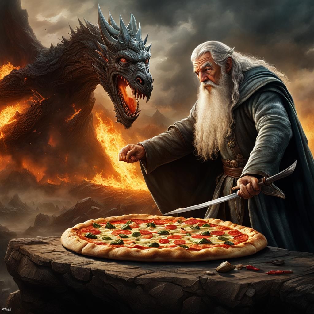 Gandalf and Frodo Pizza Battle in Gondor