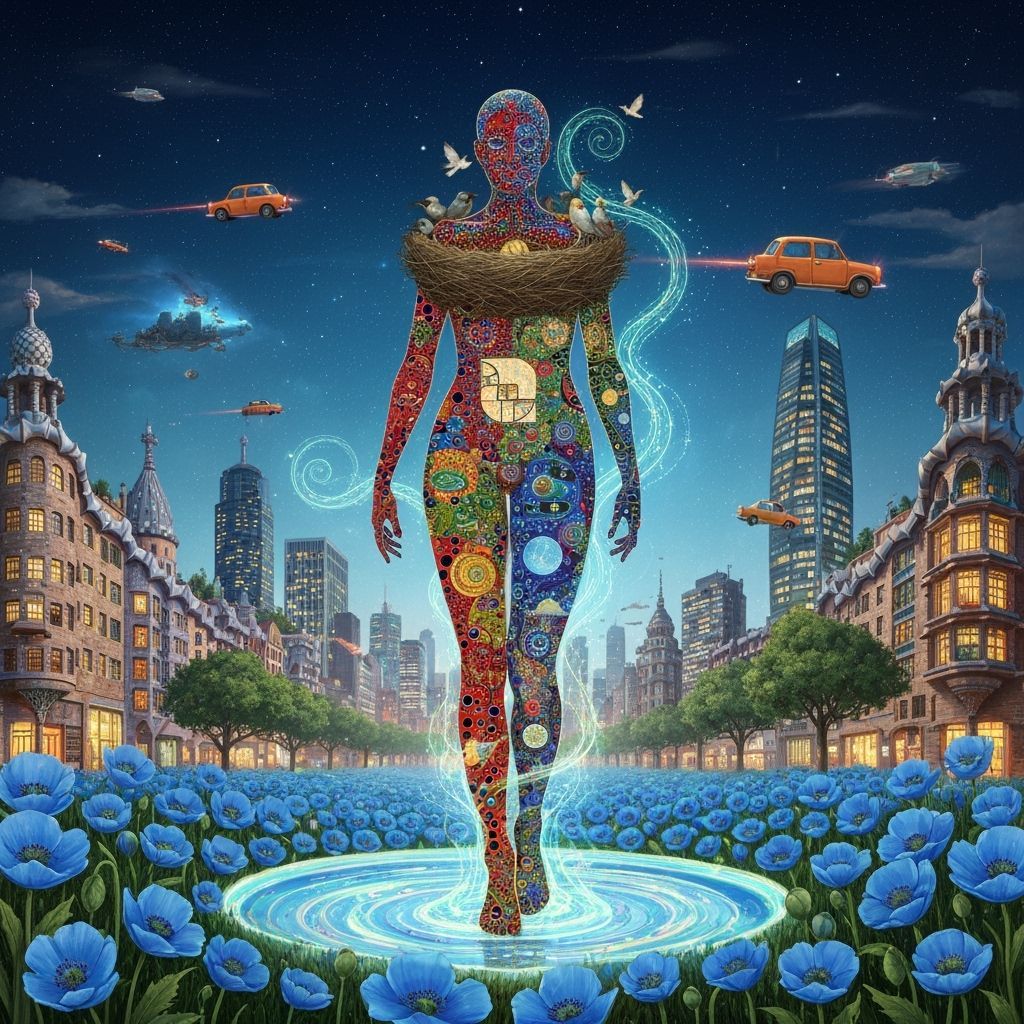 Surreal Blue Man Among Himalayan Blue Poppies