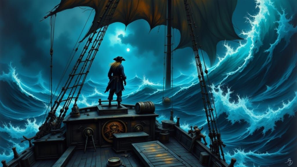Pirate Captain on Galleon Gazing at Bioluminescent Stormy Se...