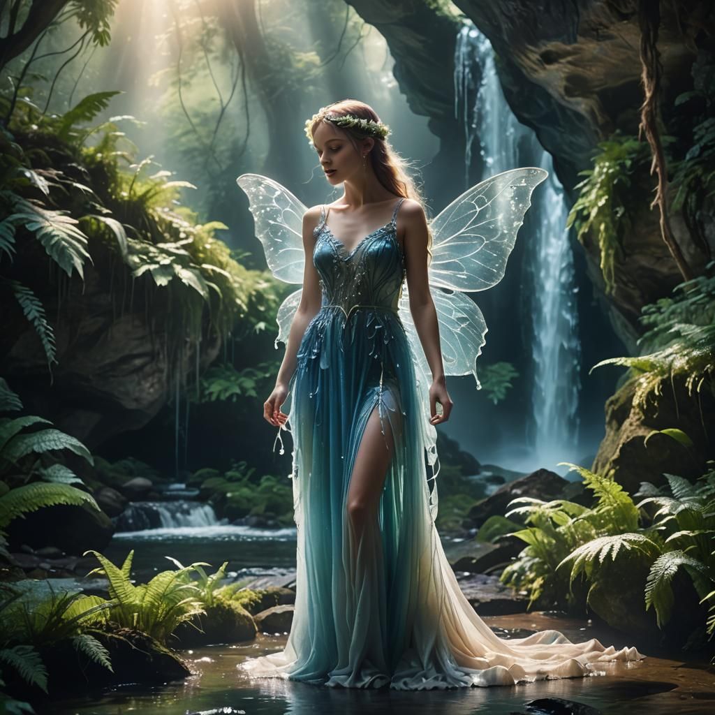 Ethereal Fairy in Waterfall Cave: Fantasy Concept Art