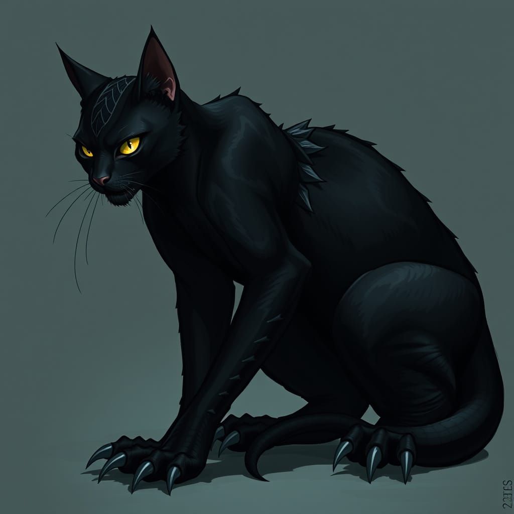Menacing Black Cat with Webbed Paws and Fish Tail