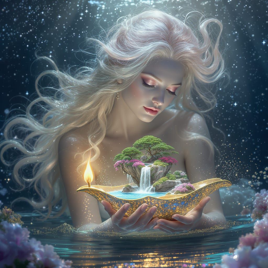 Mystical Mermaid Holding Lamp with Floating Island