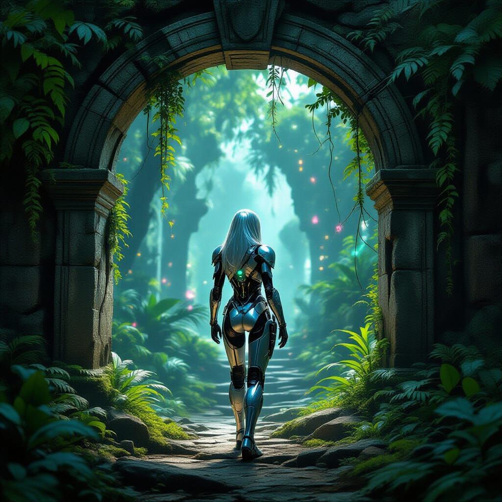 Cyborg in Mystical Jungle Archway as Dark Fantasy Concept Ar...