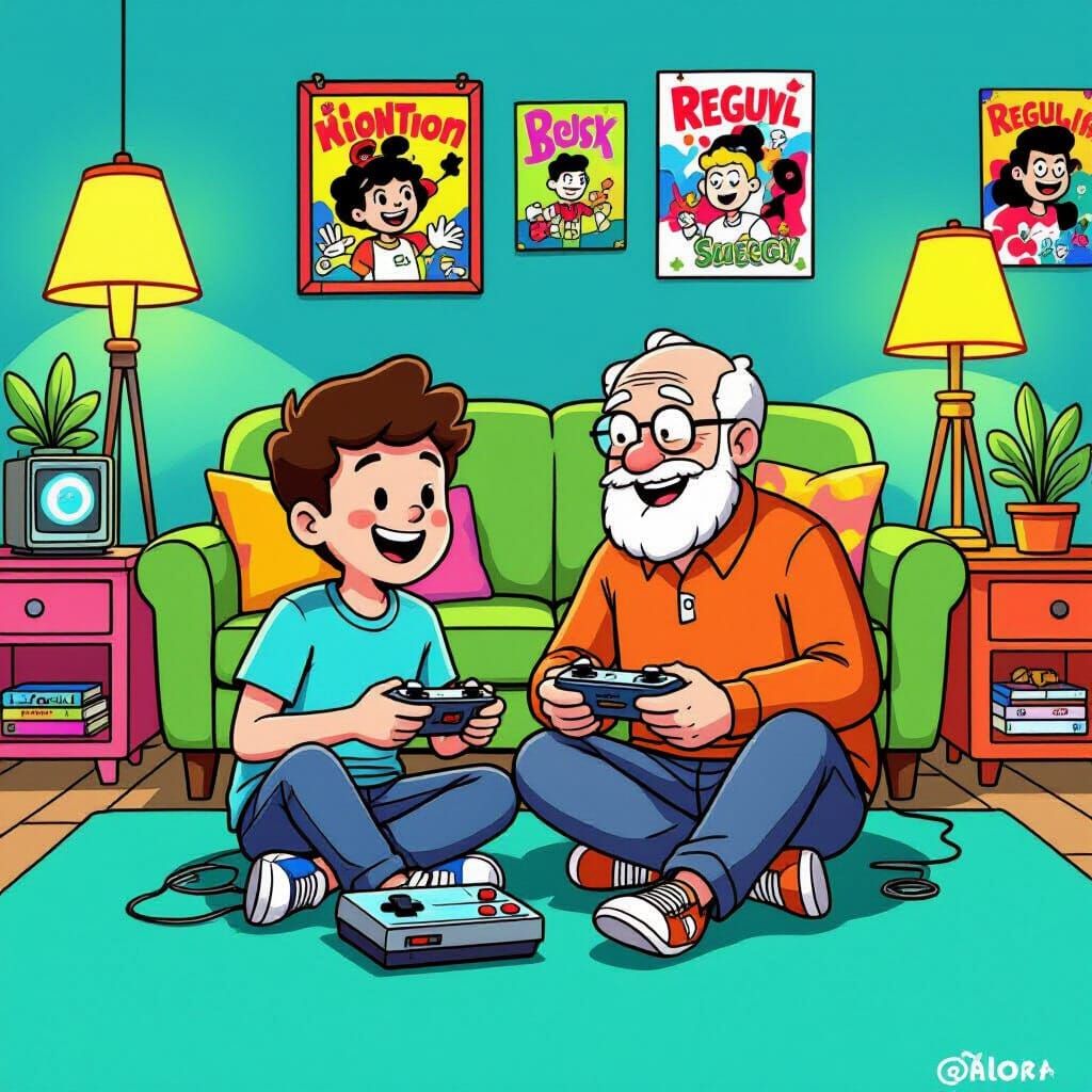 Retro Gaming: Boy and Grandfather in Cartoon Style