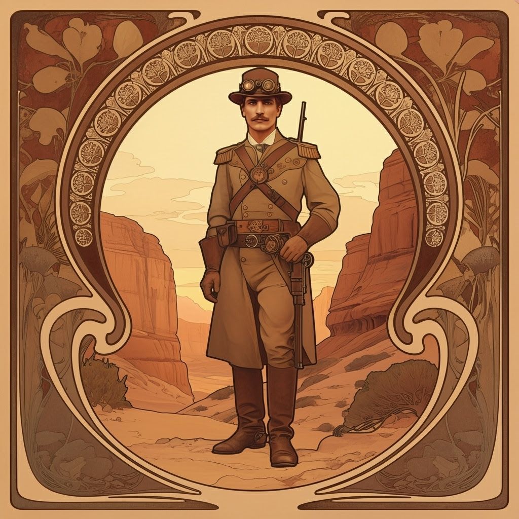 Steampunk Soldier in Desert Canyon, Art Nouveau Style