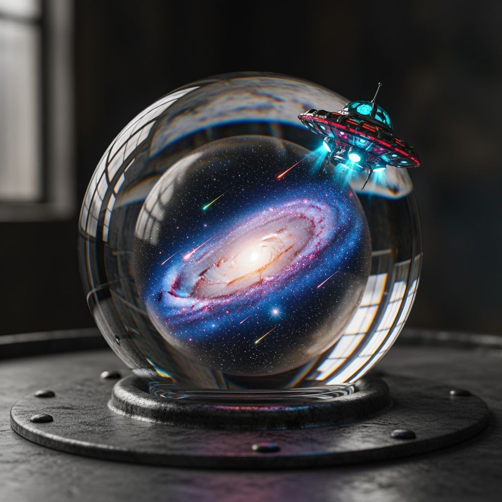 UFO Flies Across Galaxy in Glass Globe