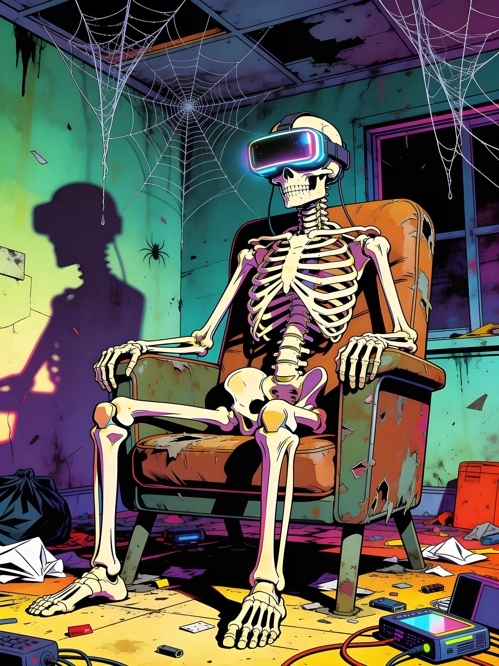 Cyberpunk Skeleton in VR in Abandoned Room