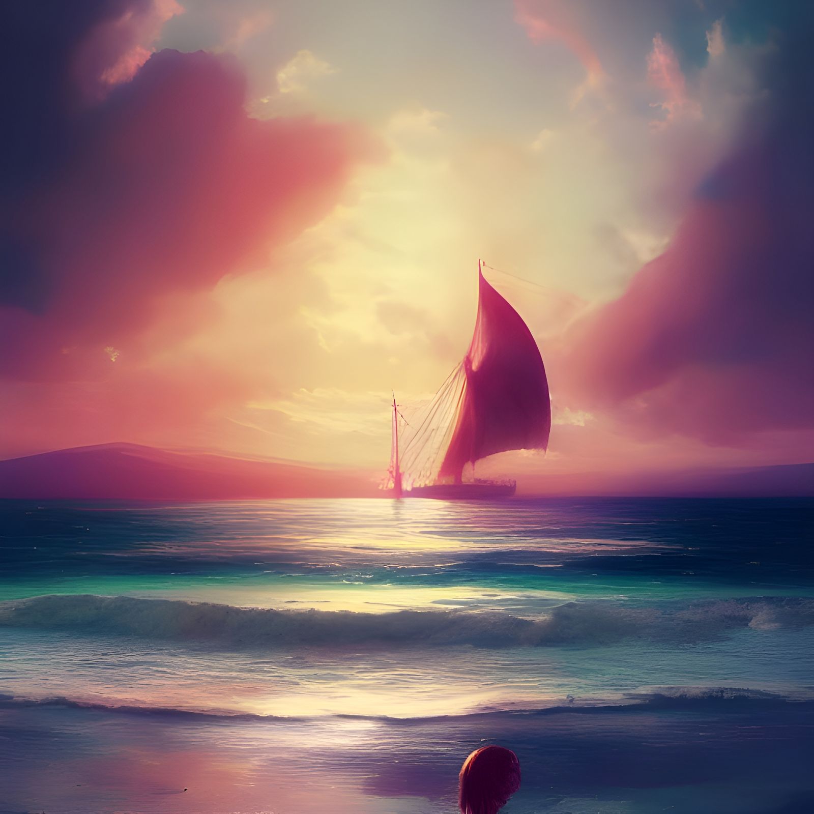 Colourful Beach Scene with Sandcastles and Sailing Ship