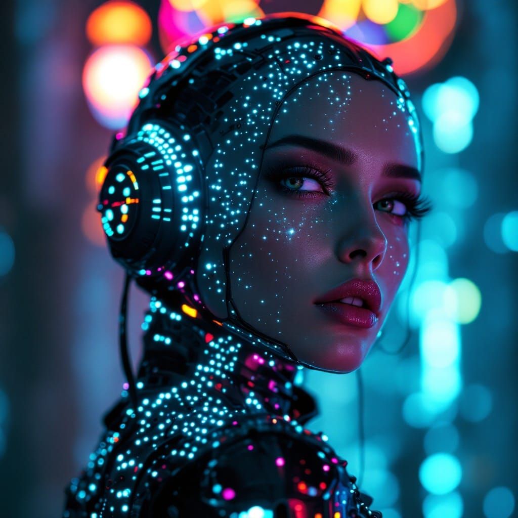 Cybernetic Beauty in Midst of Surreal, Futuristic Whimsy