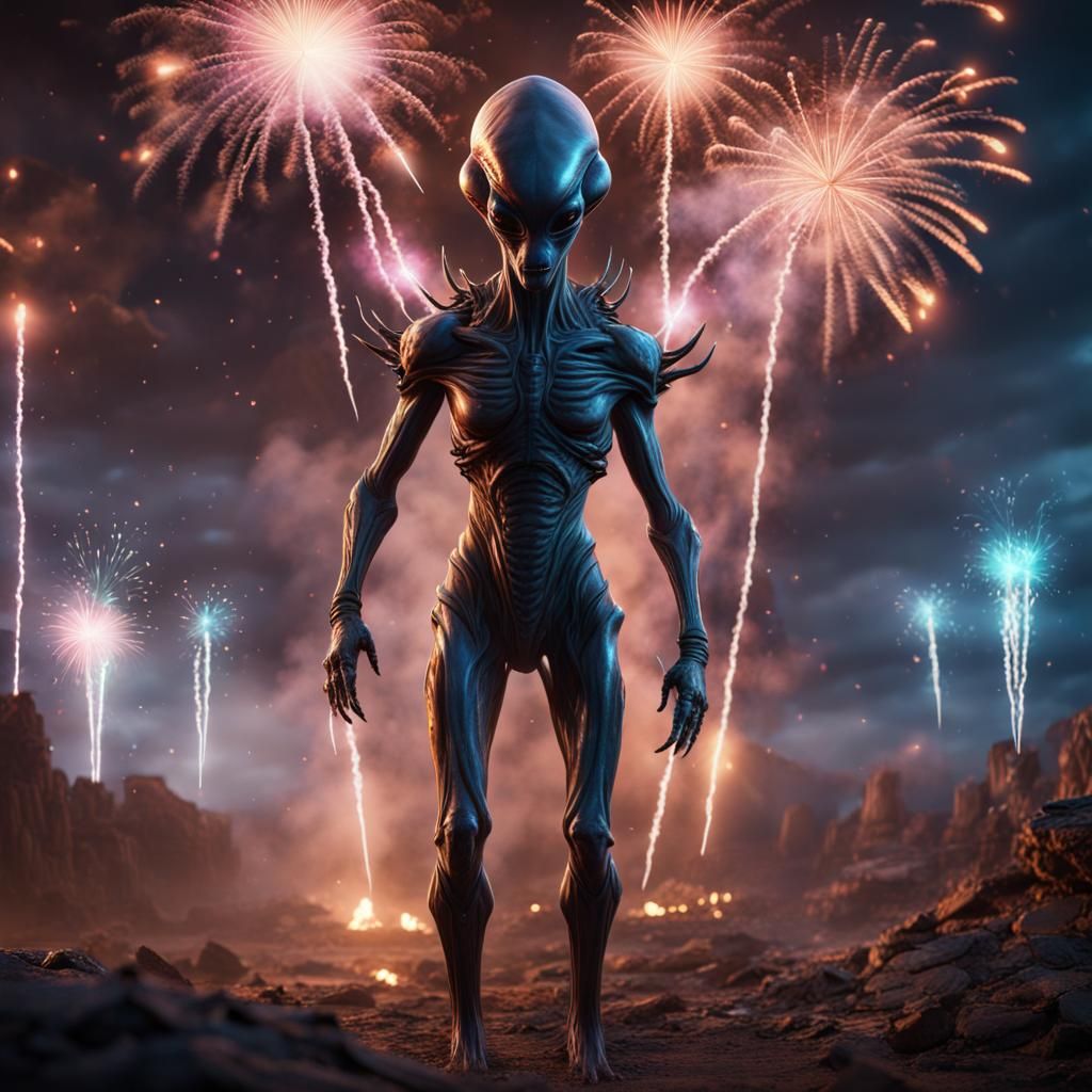 Alien Celebrates with Fireworks: Detailed Matte Painting
