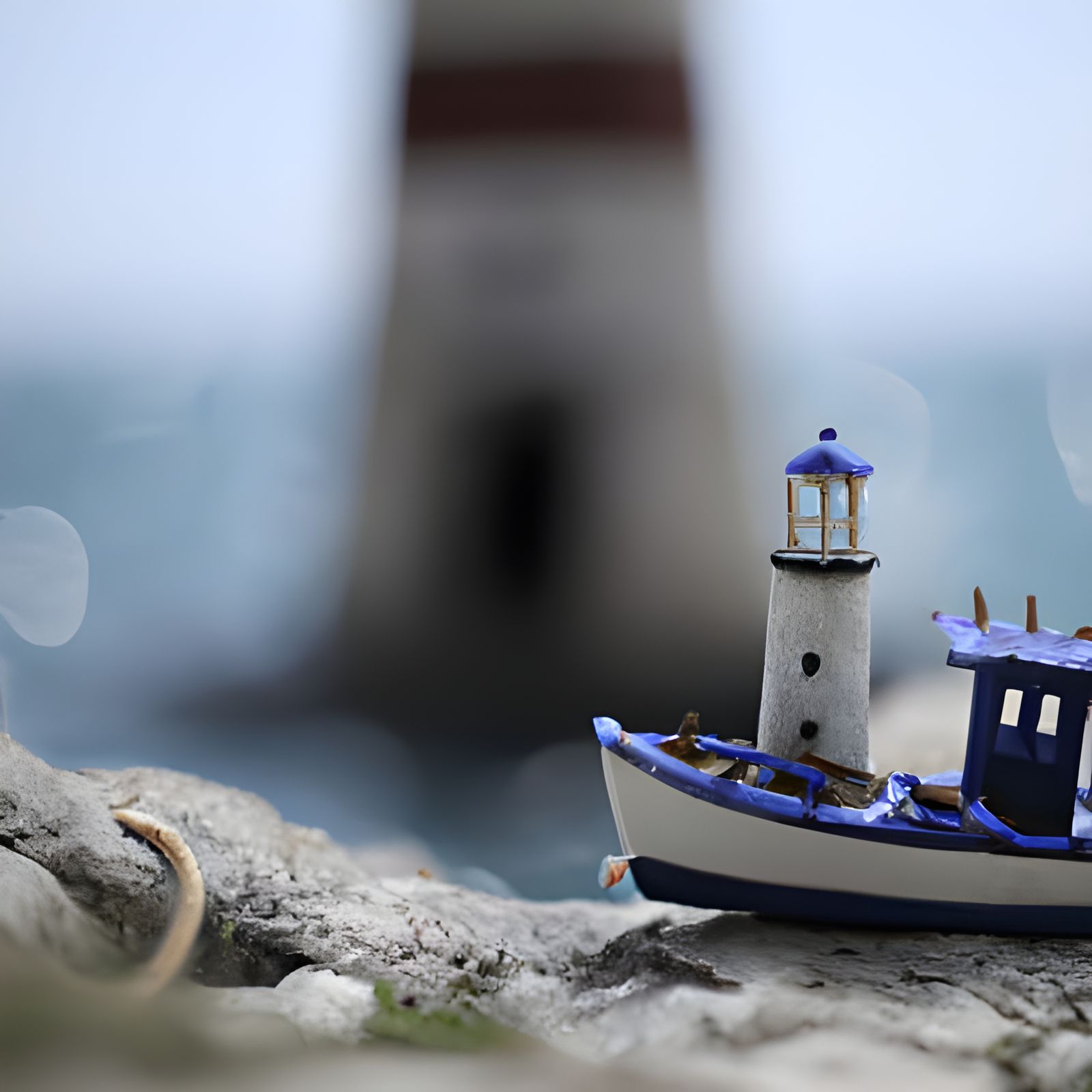 Weathered Lighthouse on Rock with Boat