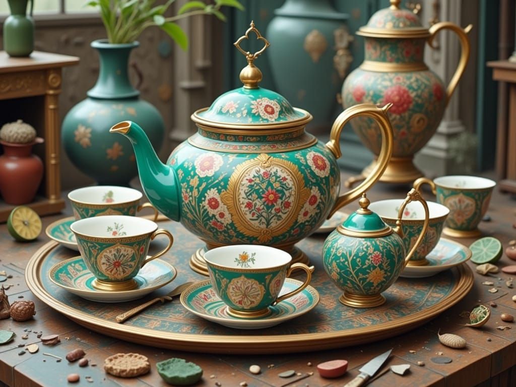 Vibrant Ceramic Tea Set in Hyper-Realistic Detail