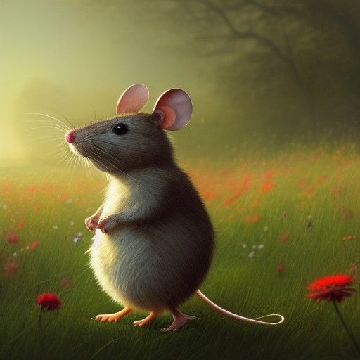 Anthropomorphic Mouse in Flower Meadow, Digital Art
