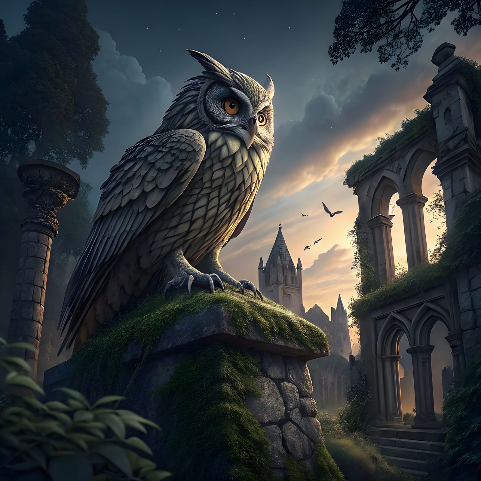 Majestic Stone Owl Gargoyle on Ancient Ruin