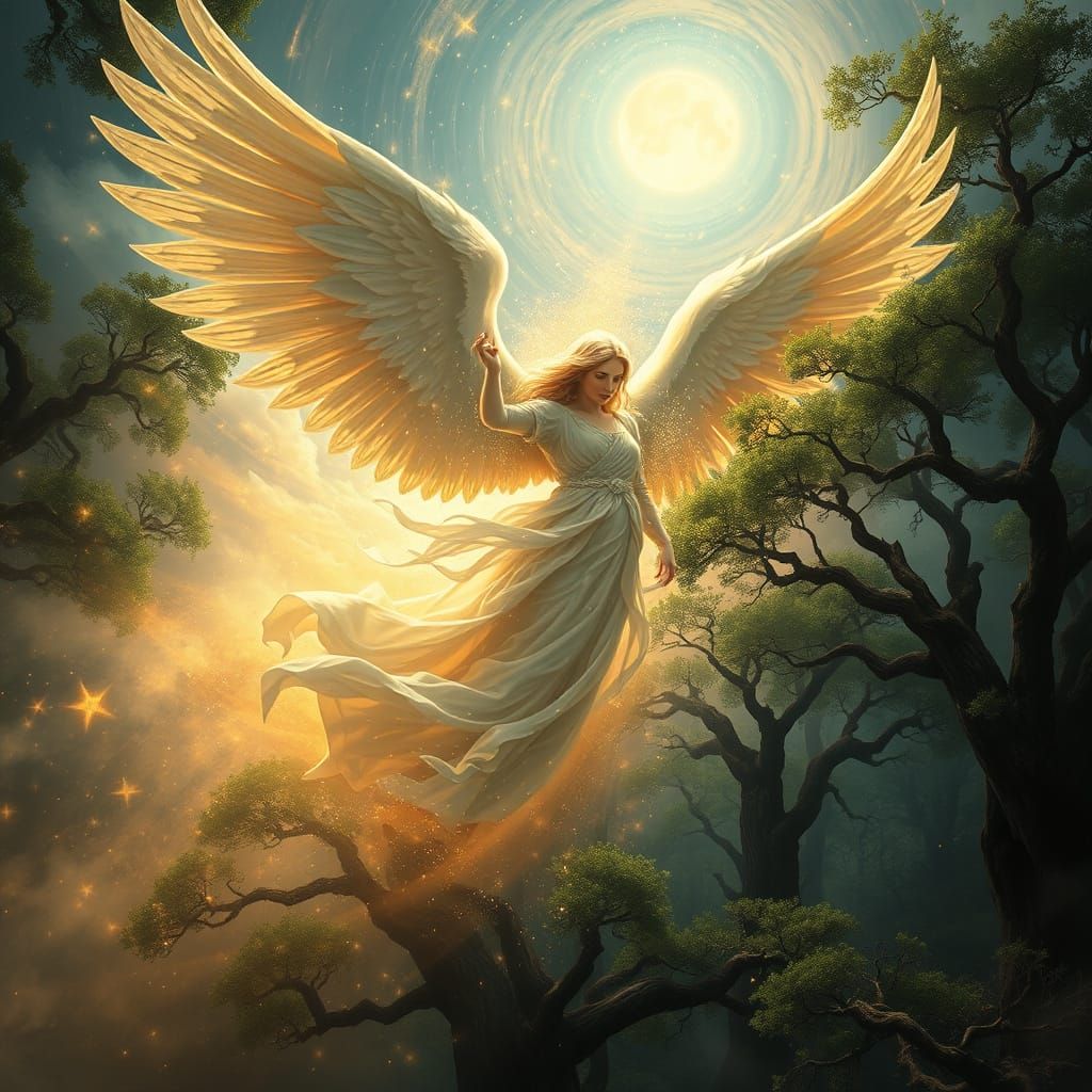 Angel Emerges from Celestial Vortex in Enchanted Forest