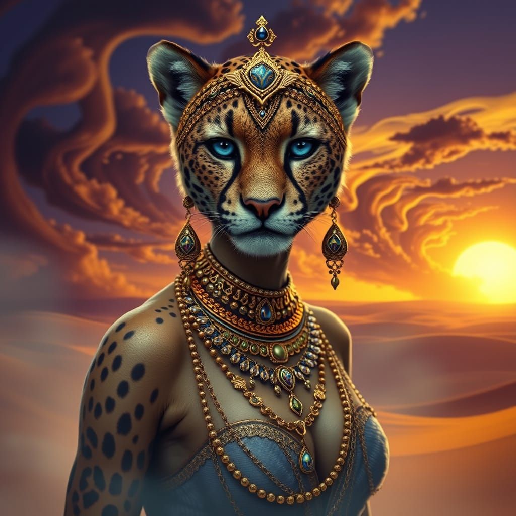 Elegant Arabian Queen Half-Cheetah Woman in Desert Storm