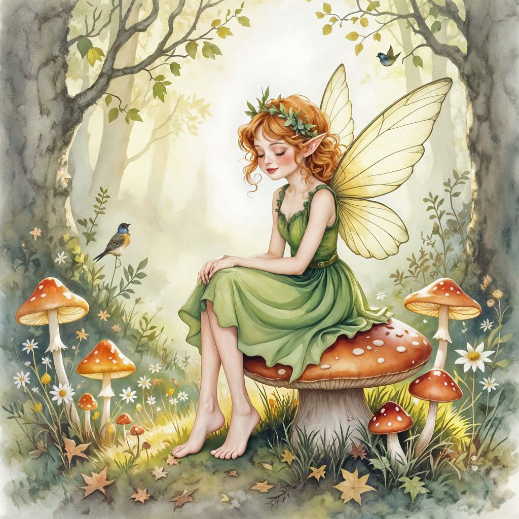 Whimsical Forest Pixie on Toadstool in Watercolor Style