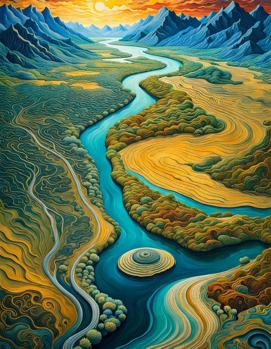 River Delta Panorama in Acrylic Art Style