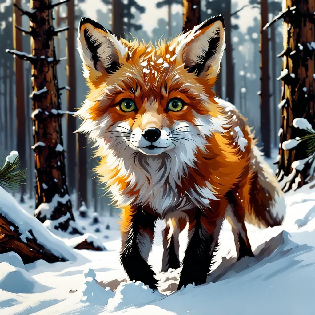 Fox Cub Playing in Winter Forest, Matte Painting
