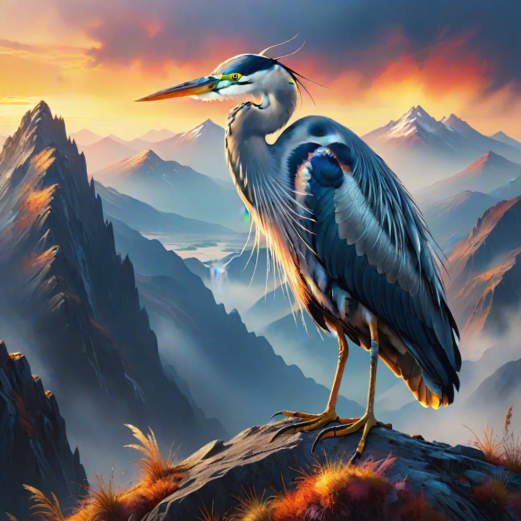 Majestic Heron on Mountain Peak: Surreal Oil Painting