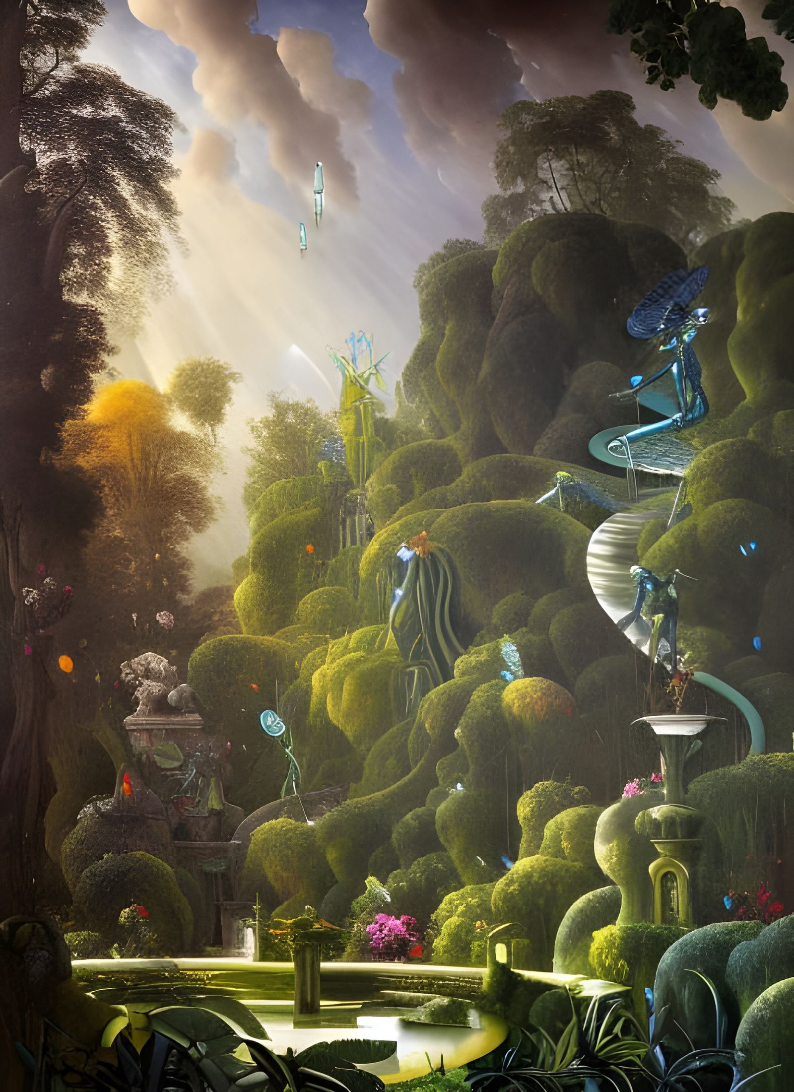 Lush Garden with Country House in Surreal Style