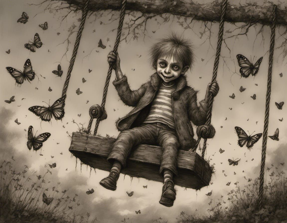 Child on a Swing with Butterflies