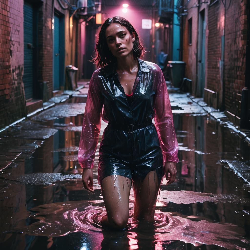 Ethereal Water Woman in Neon Alleyway