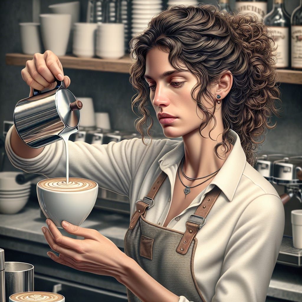 Brunette Barista Concentrates on Latte Art