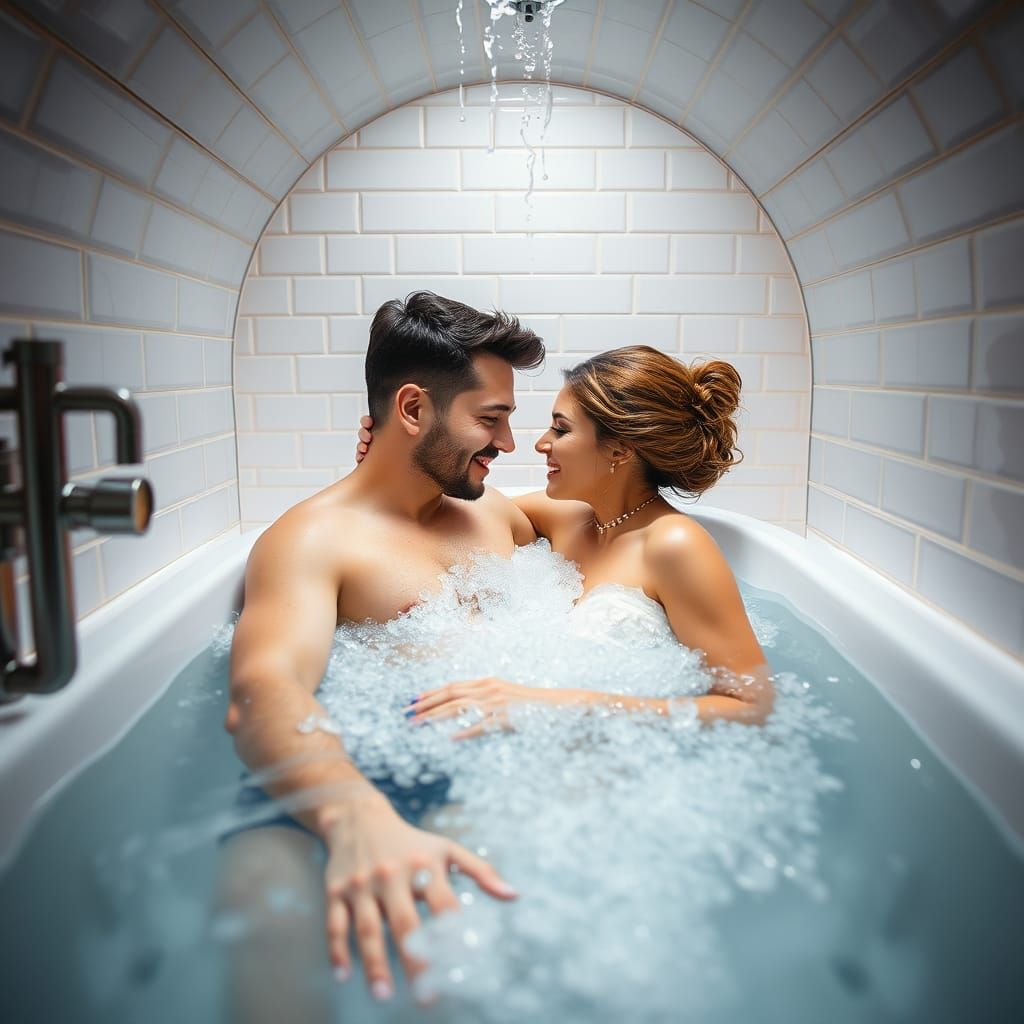 Amorous Couple Soak in a Cozy Bath Together in a Soft, Dream...