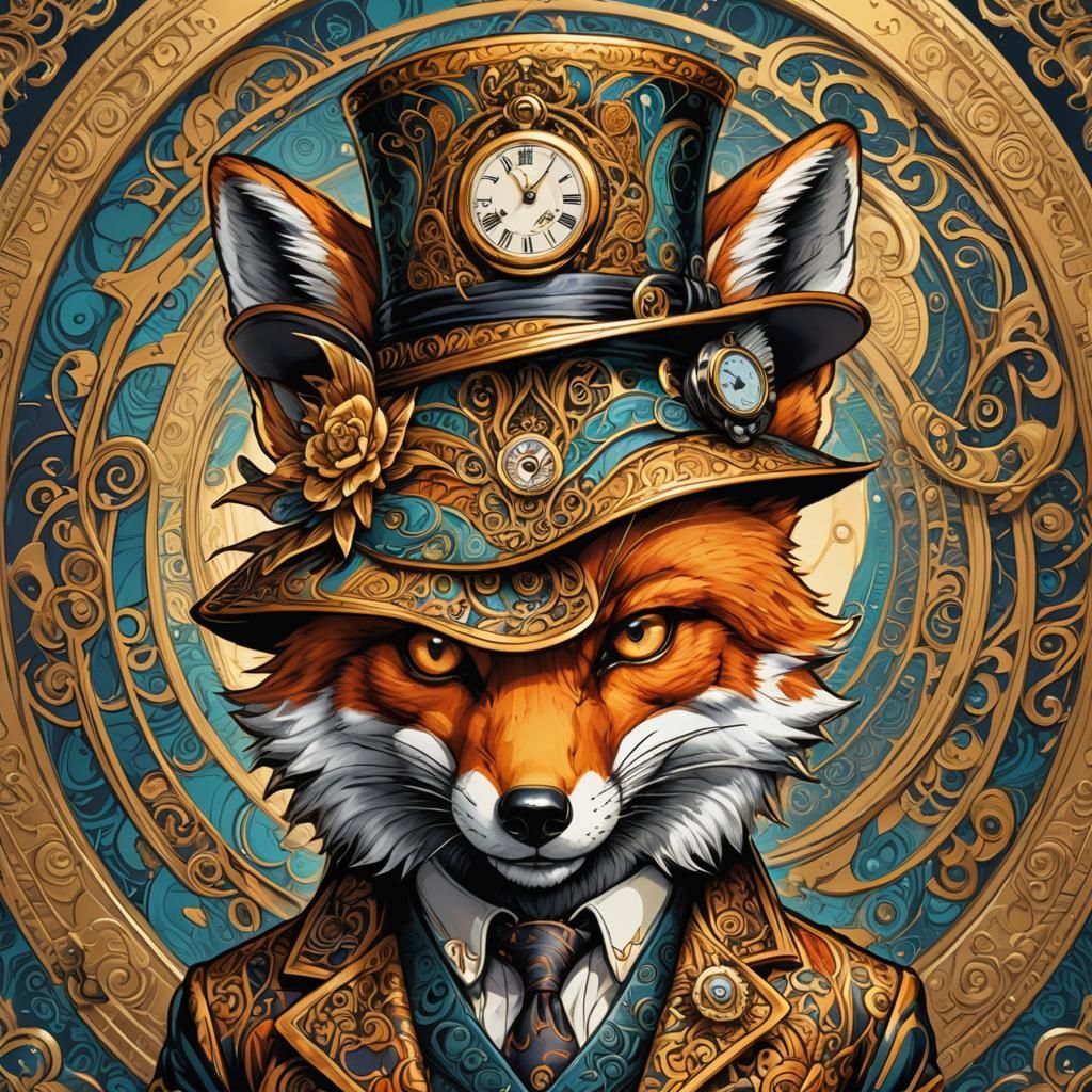 Fox with a funny hat using a timepiece or hypnosis