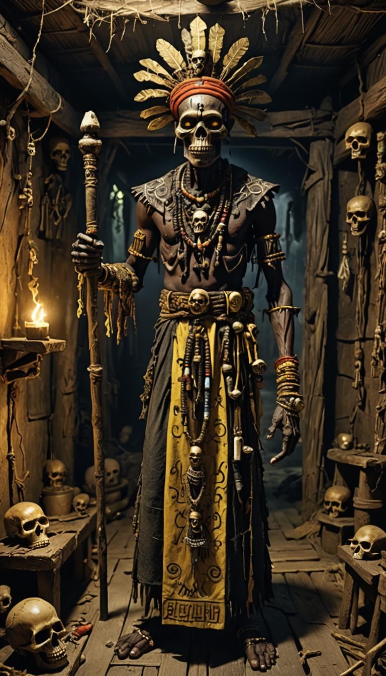 A voodoo priest in the creepy hut