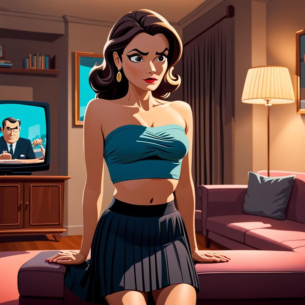 Cartoon Woman Watching TV in Tartakovsky Style