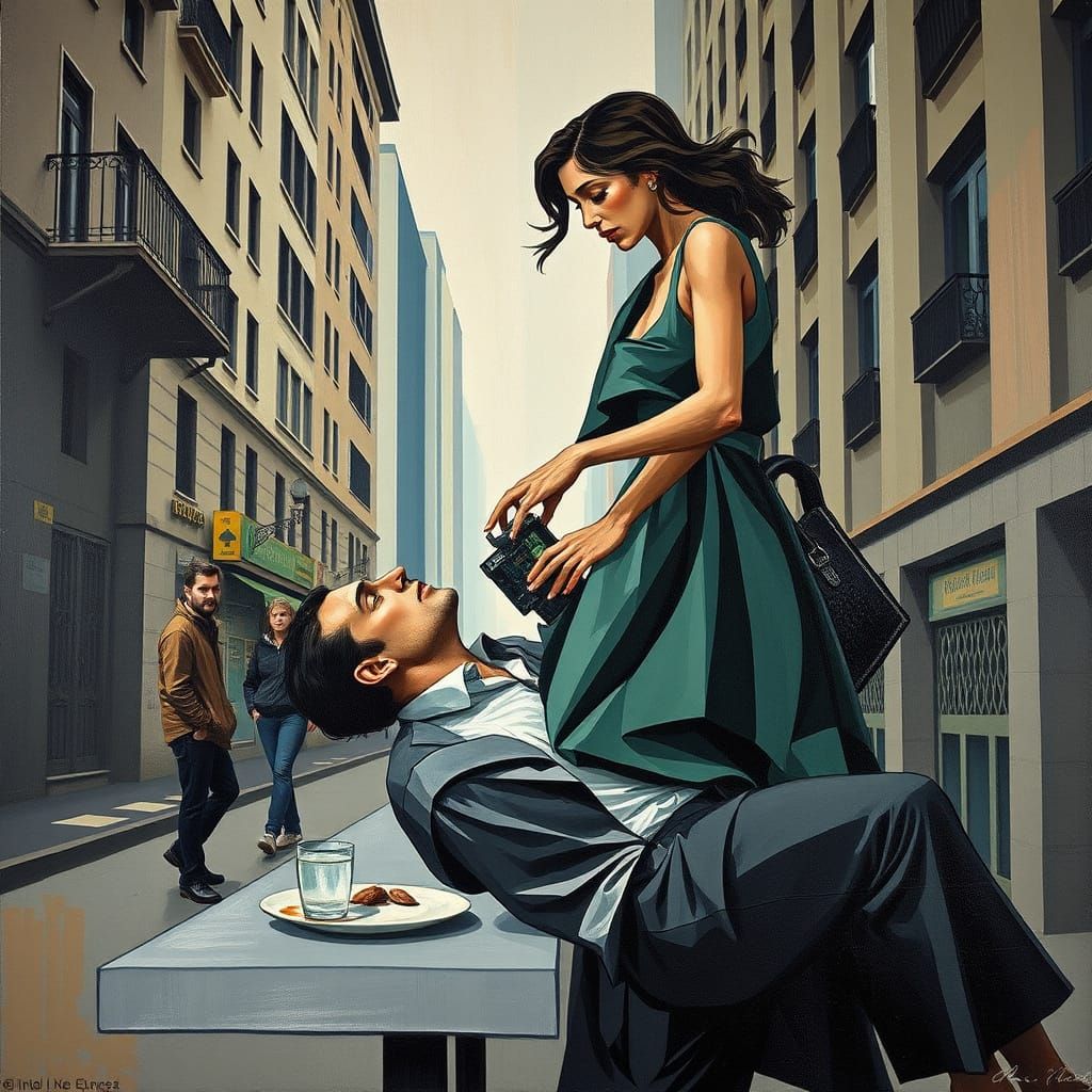 Woman Helping Man: Cubist Style Image