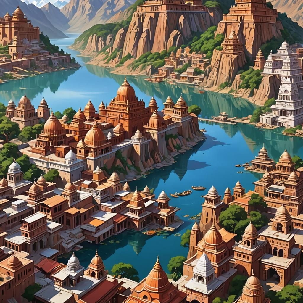 Riverside Temple-City in a Serene Valley