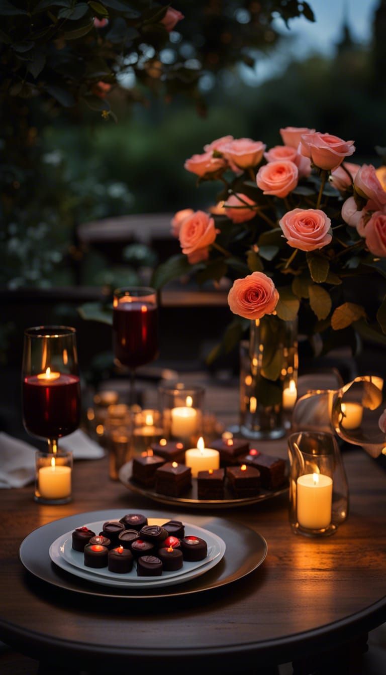Romantic Garden Scene with Roses and Chocolates