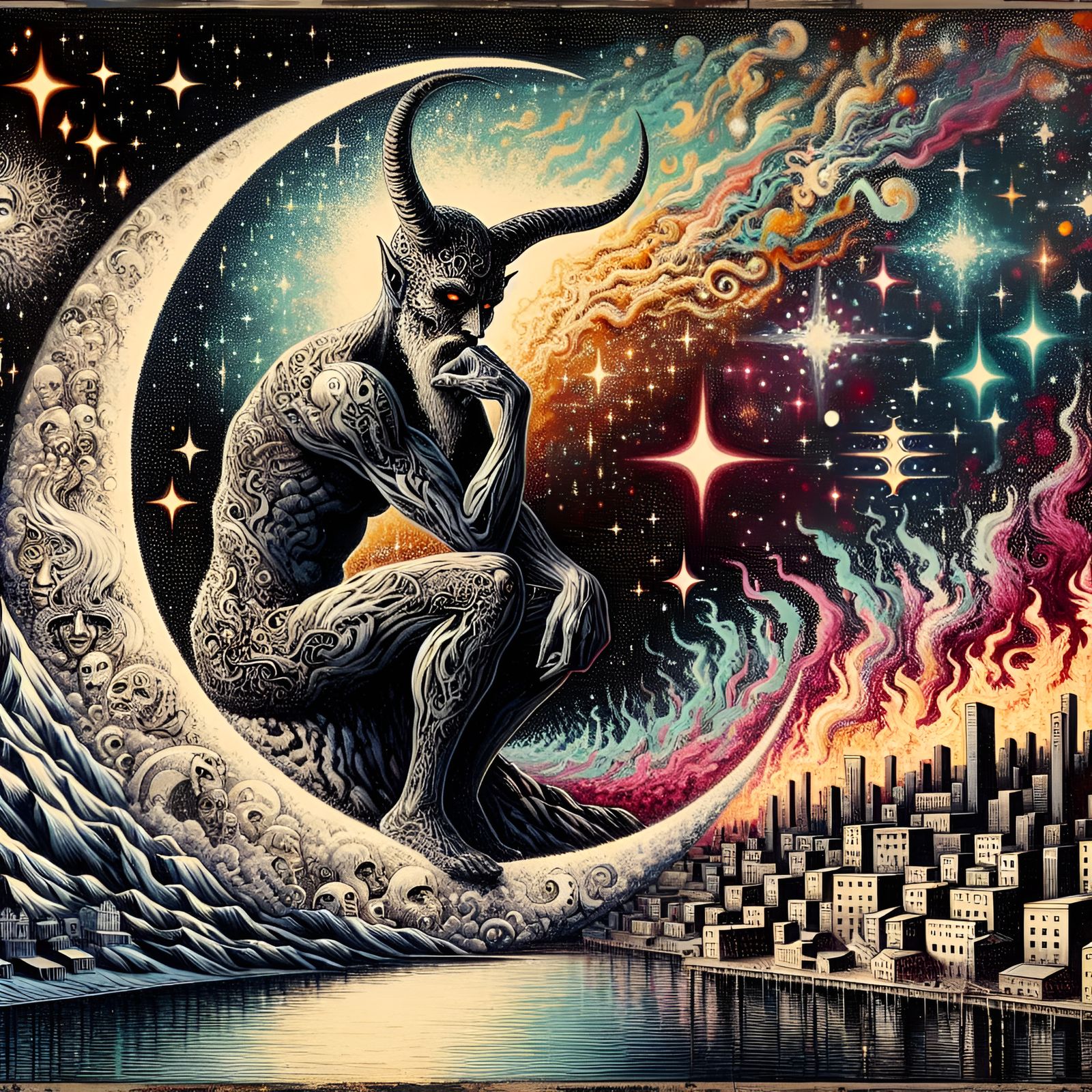 Evil Horned Man Watching Polluted City