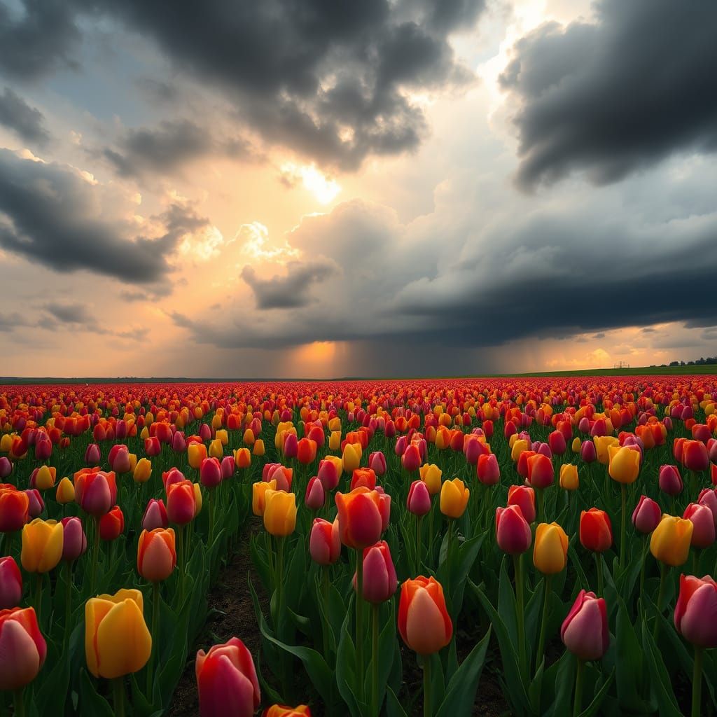 Vibrant Tulip Field Unfurls Amidst Spring Storm's Turbulence