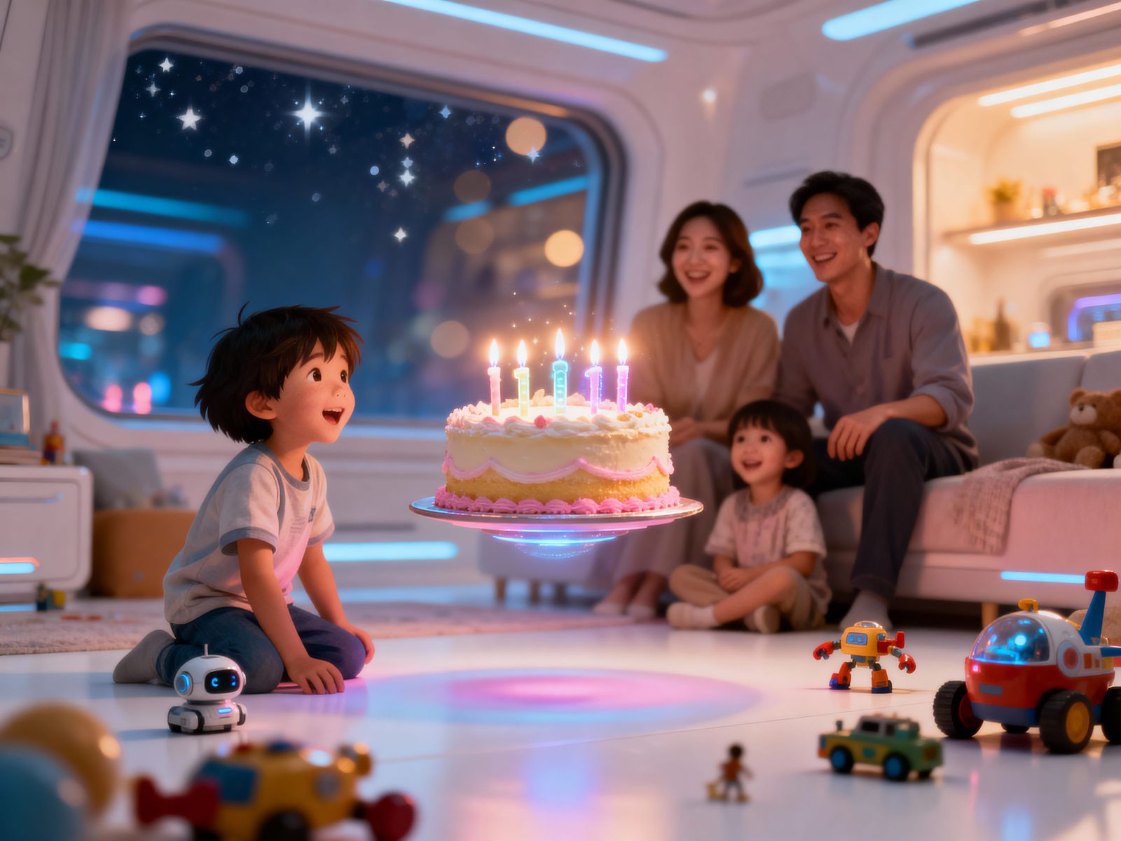 Futuristic Birthday Party in Warm, Cinematic Style