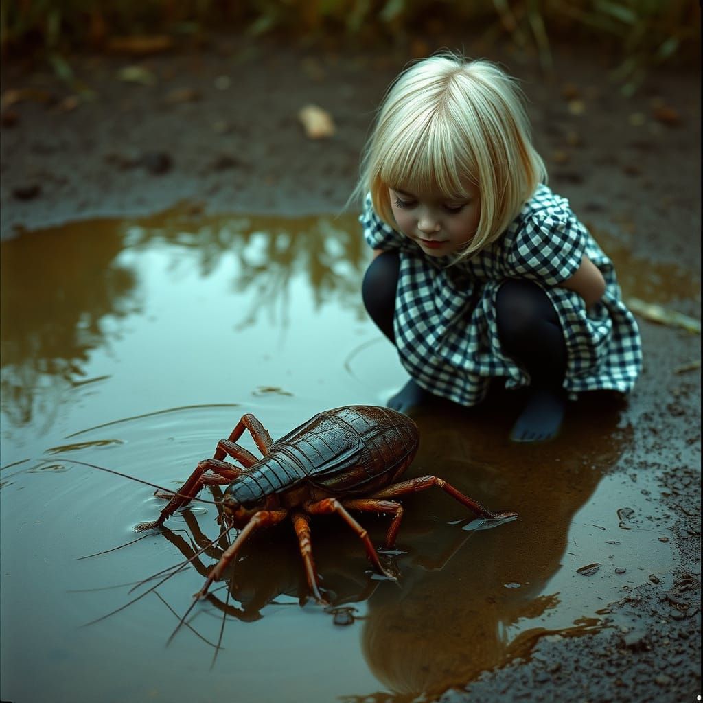 Girl Watches Mole Cricket Struggle in Murky Puddle