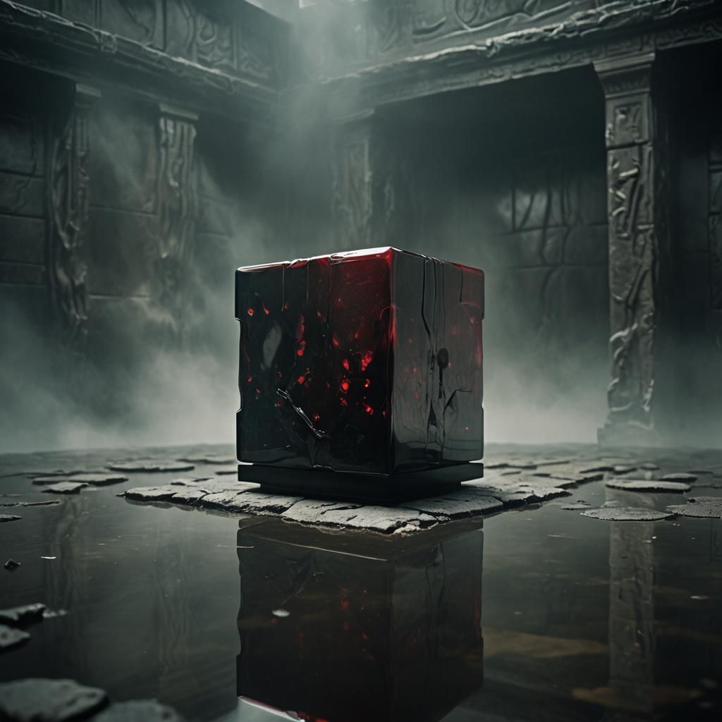 Mysterious Red Cube in Dark Surrealism Style