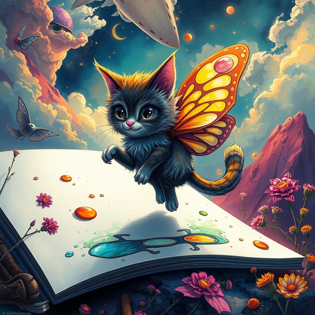 Whimsical Cat-Butterfly Creature Emerges From Magical Page