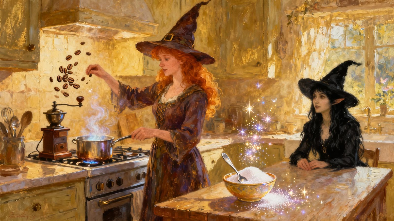 Ginger Witch Brewing Coffee with Magic in Textured Oil Paint...
