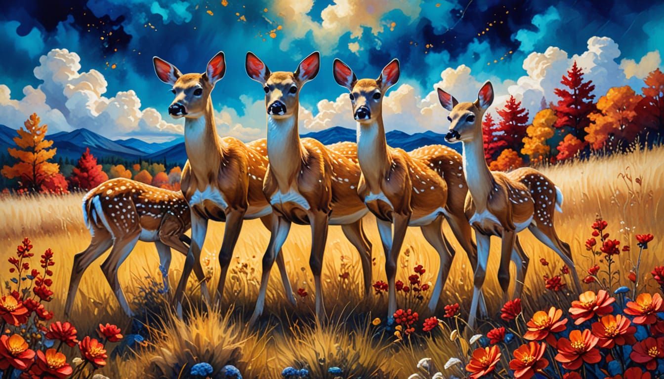 Deer Family Grazing in Autumn Field, Alcohol Ink